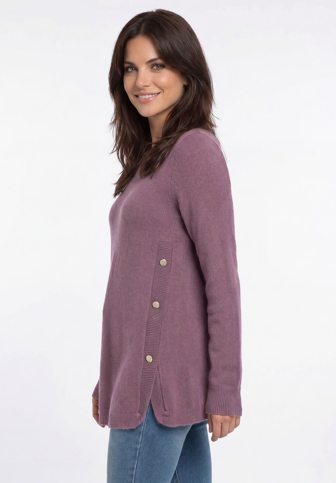 Stretch Scoop Neck Curved Hem With Buttons Pullover Sweater image number 2