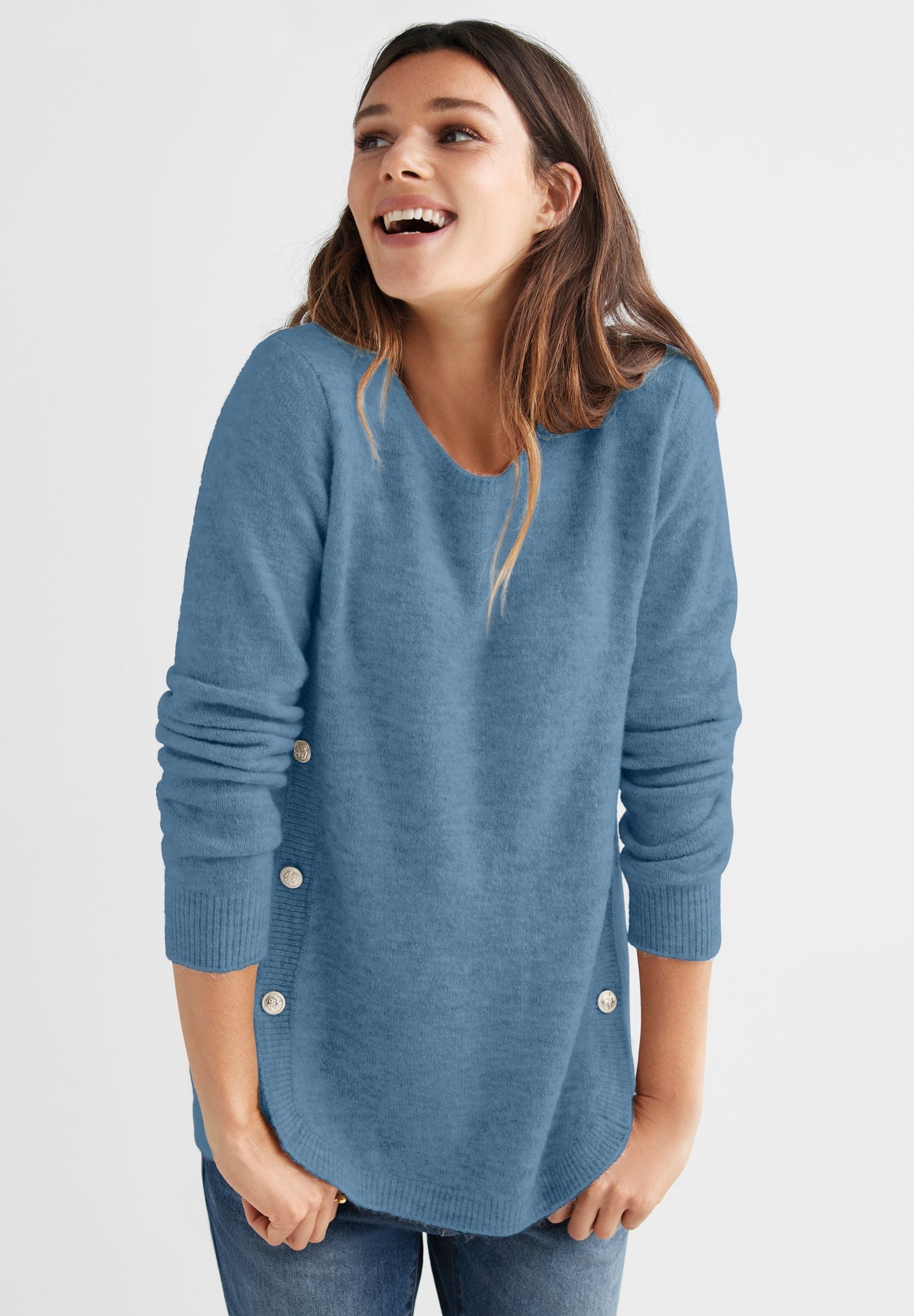 Stretch Scoop Neck Curved Hem With Buttons Pullover Sweater image number 0