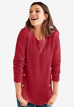 Stretch Scoop Neck Curved Hem With Buttons Pullover Sweater