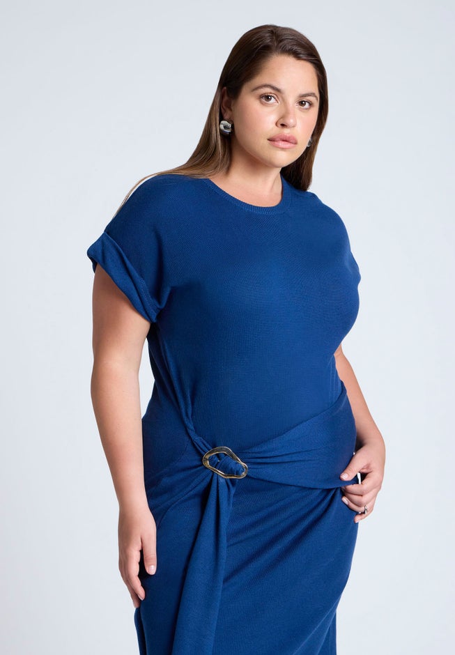 Rolled Sleeve Midi Dress With Buckle image number 2