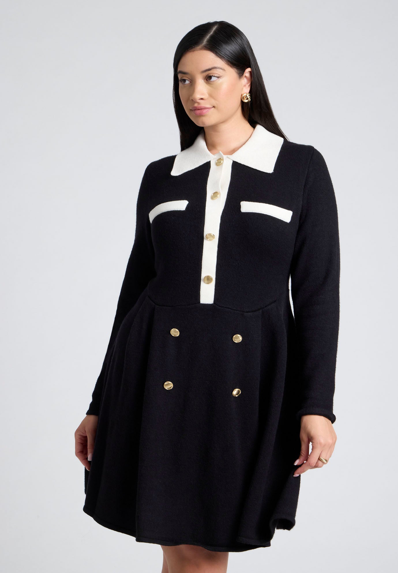 Collared Sweater Dress With Buttons image number 3