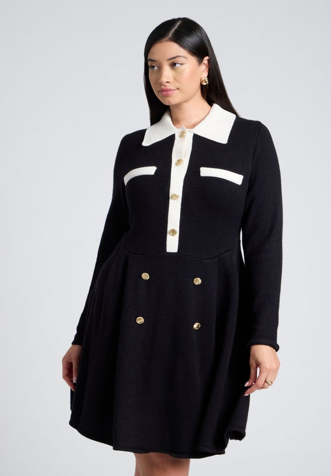 Collared Sweater Dress With Buttons image number 3