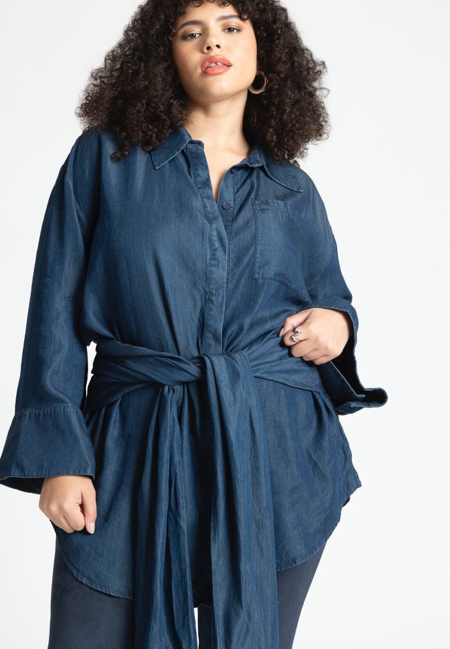 Barkwood x ELOQUII Chambray Tunic With Waist Ties image number 0