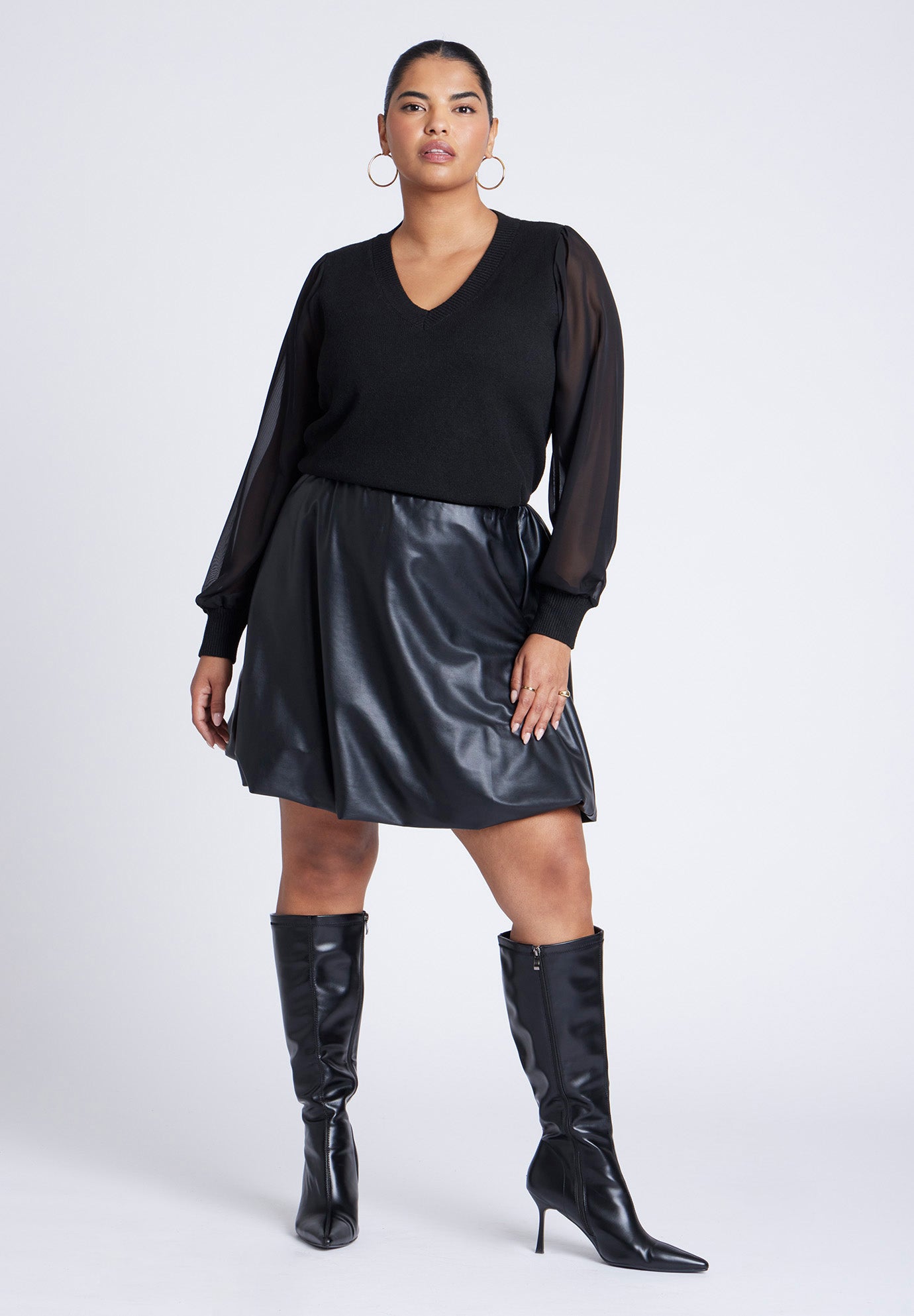 Sheer Sleeve V-Neck Sweater image number 2