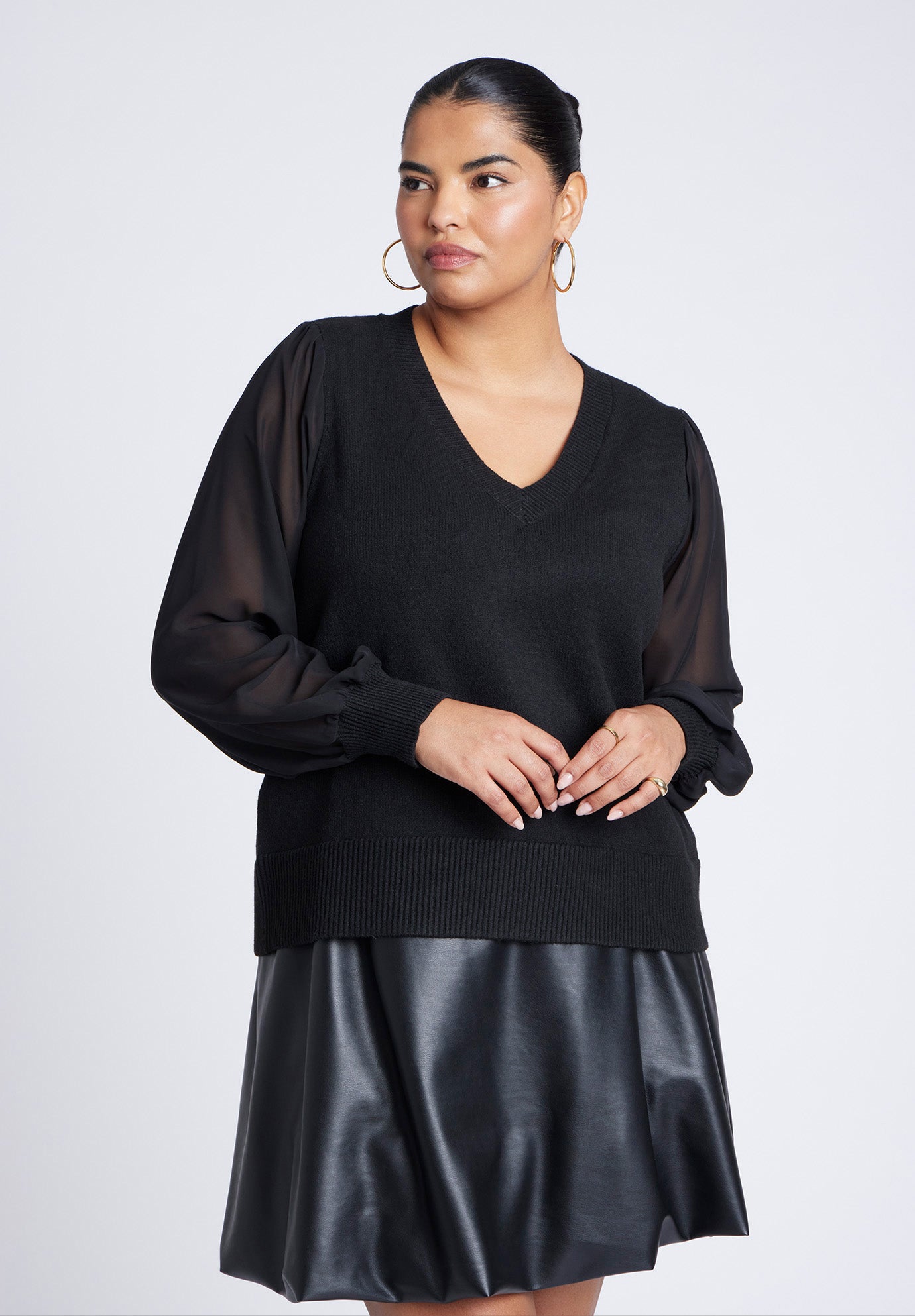 Sheer Sleeve V-Neck Sweater image number 0