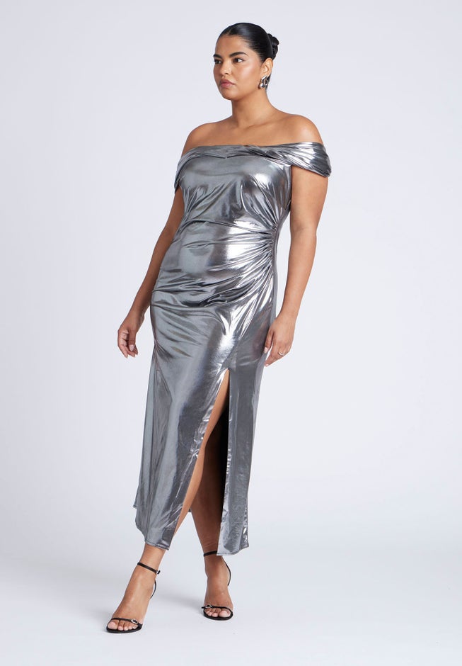 Twist Neck Lame Maxi Dress image number null