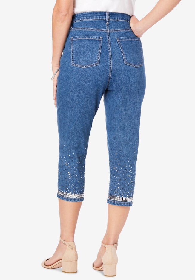 Plus Size Sequin Trim Straight Leg Capri Jean image number 1
