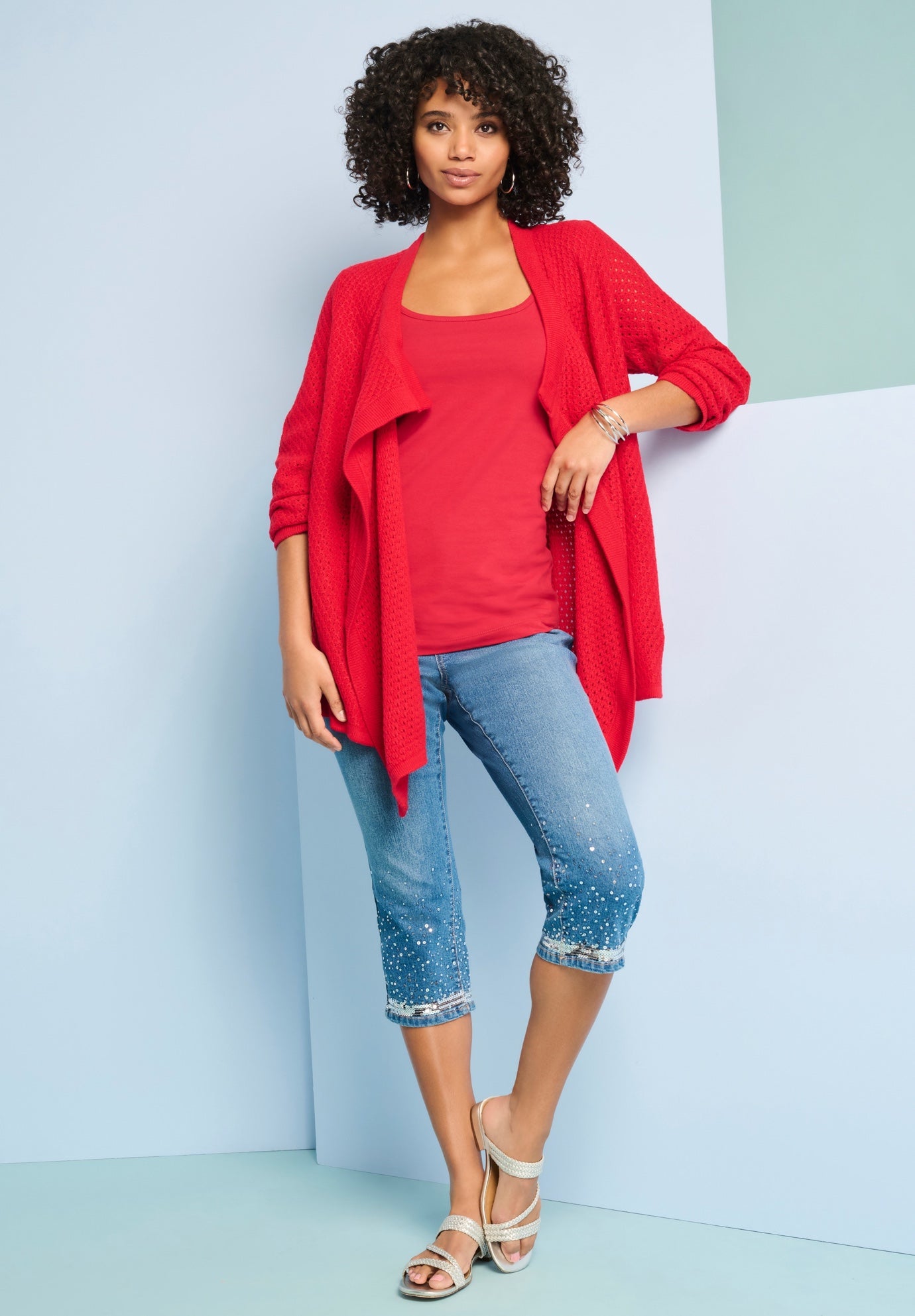 Plus Size Sequin Trim Straight Leg Capri Jean image number 4