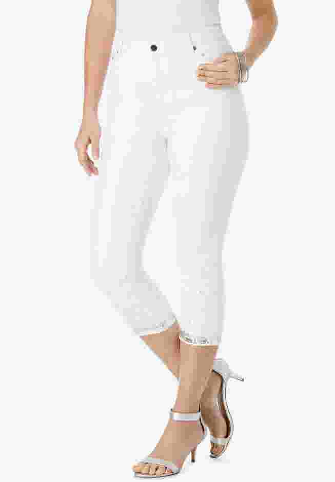Plus Size Sequin Trim Straight Leg Capri Jean image number 0