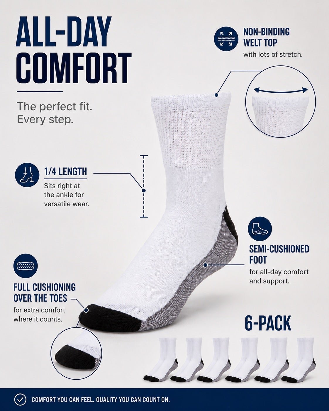 1/4" Length Cushioned Crew 6 Pack Socks image number 1