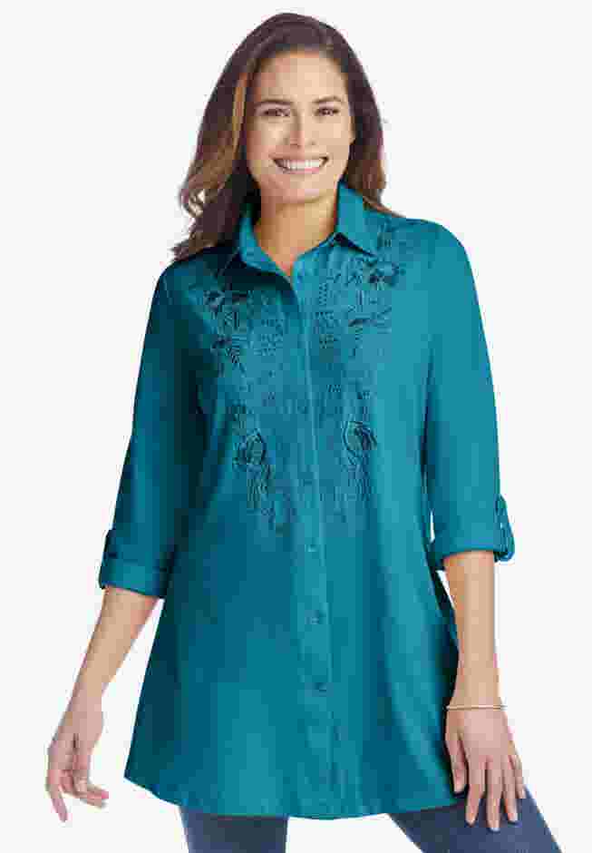 Button-Front Embroidered Tunic image number 0