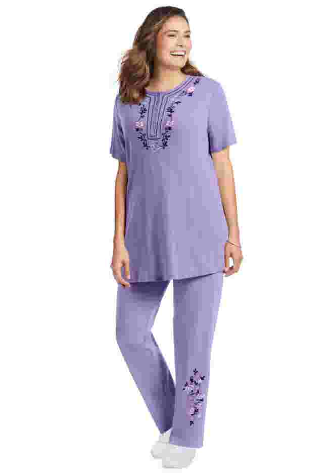 7-Day Knit Embroidered Straight-Leg Pull-On Pants image number 0