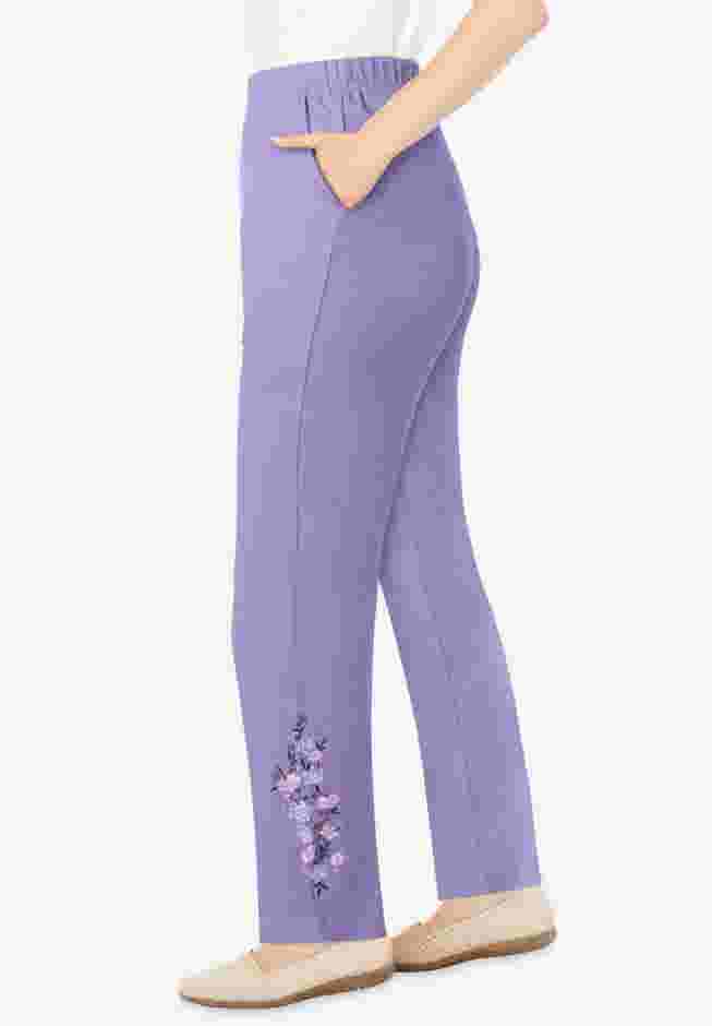 7-Day Knit Embroidered Straight-Leg Pull-On Pants image number 3