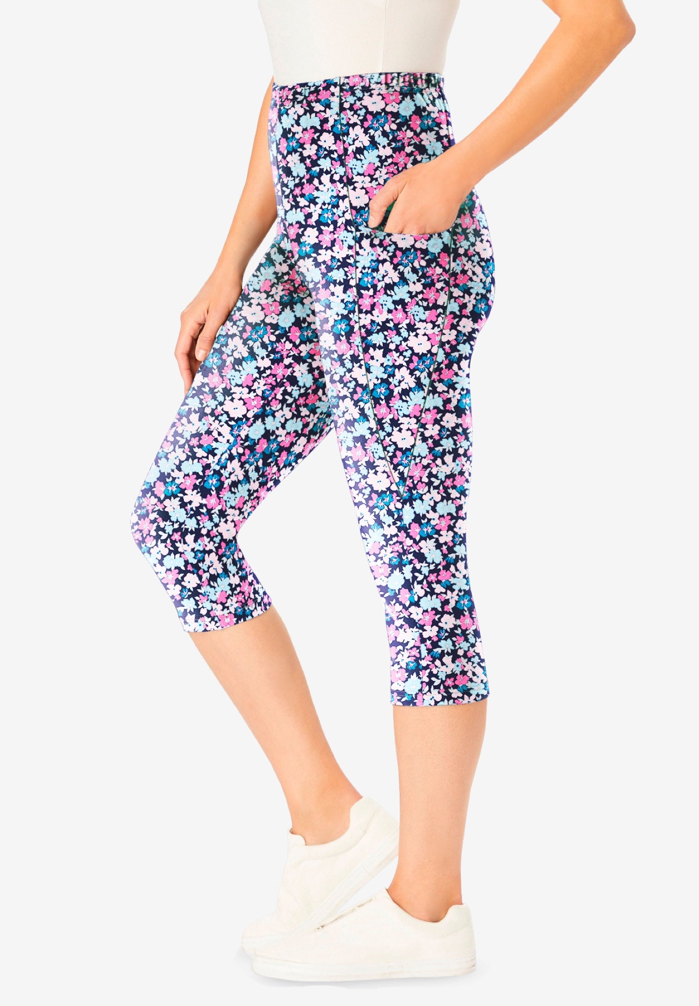 Stretch-Cotton Knit Pull-On Printed Pocket Capri Leggings image number 2