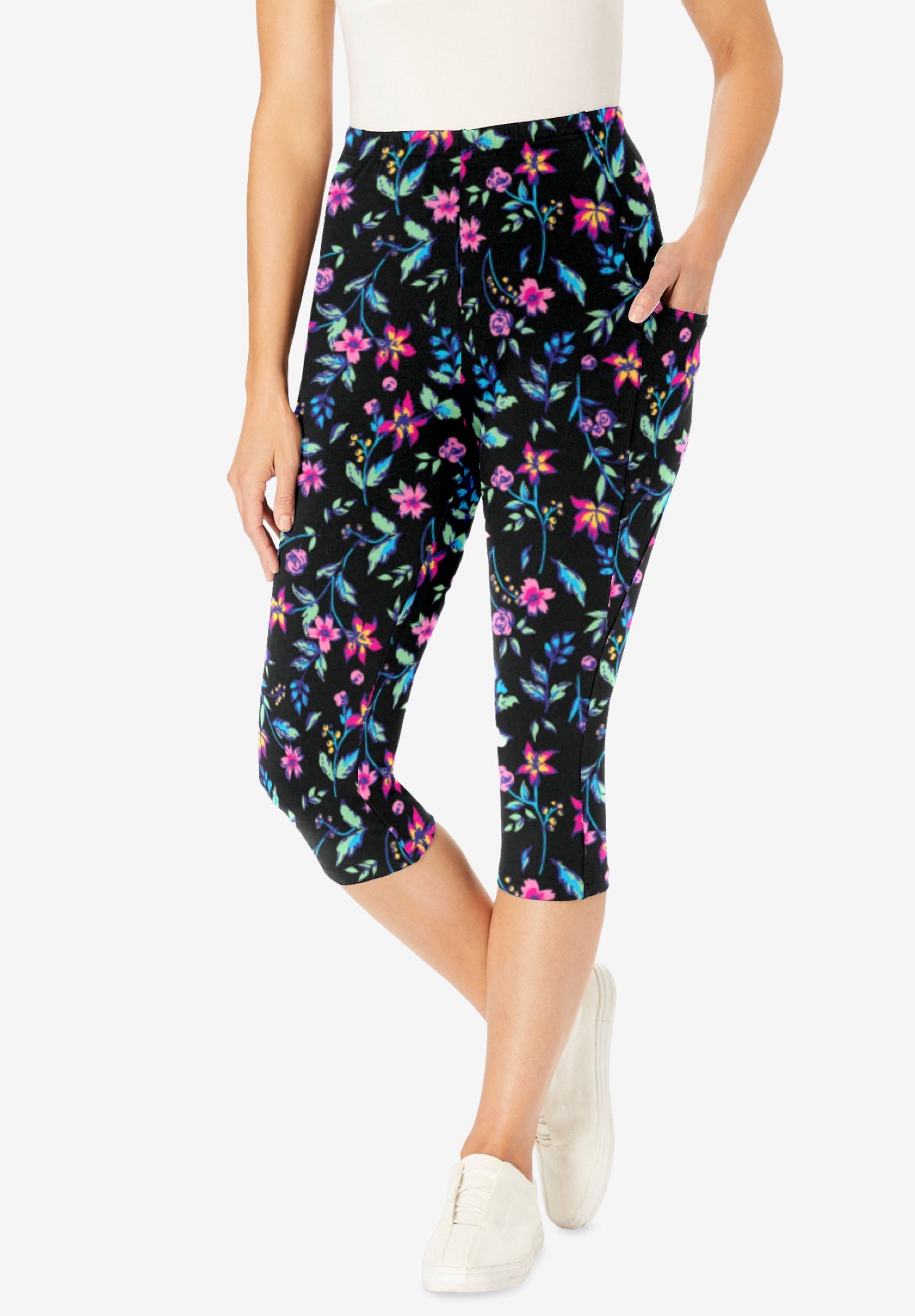 Stretch-Cotton Knit Pull-On Printed Pocket Capri Leggings image number 0