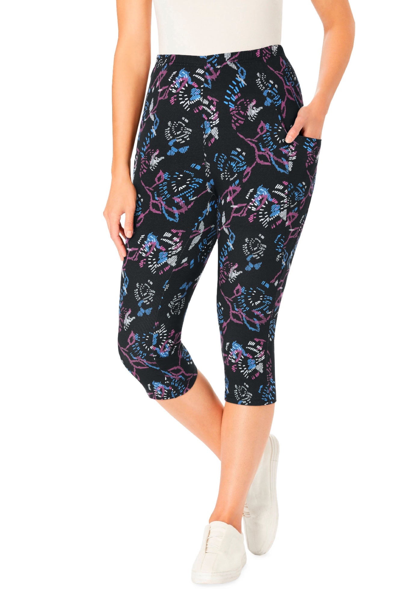 Stretch-Cotton Knit Pull-On Printed Pocket Capri Leggings image number 0