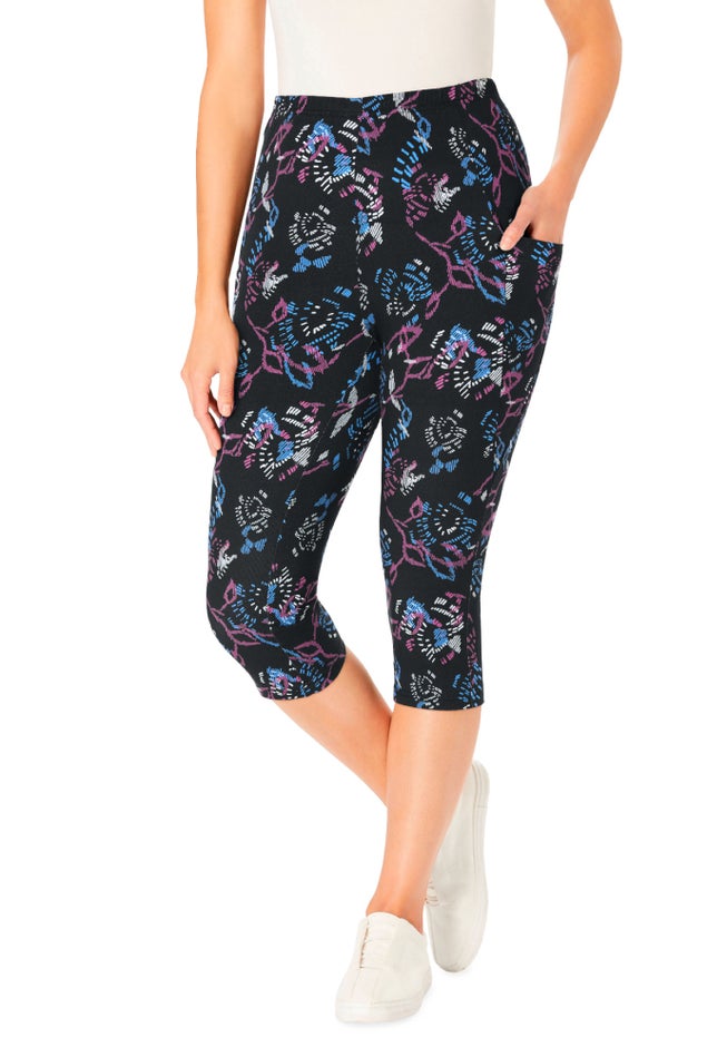 Stretch-Cotton Knit Pull-On Printed Pocket Capri Leggings image number 0