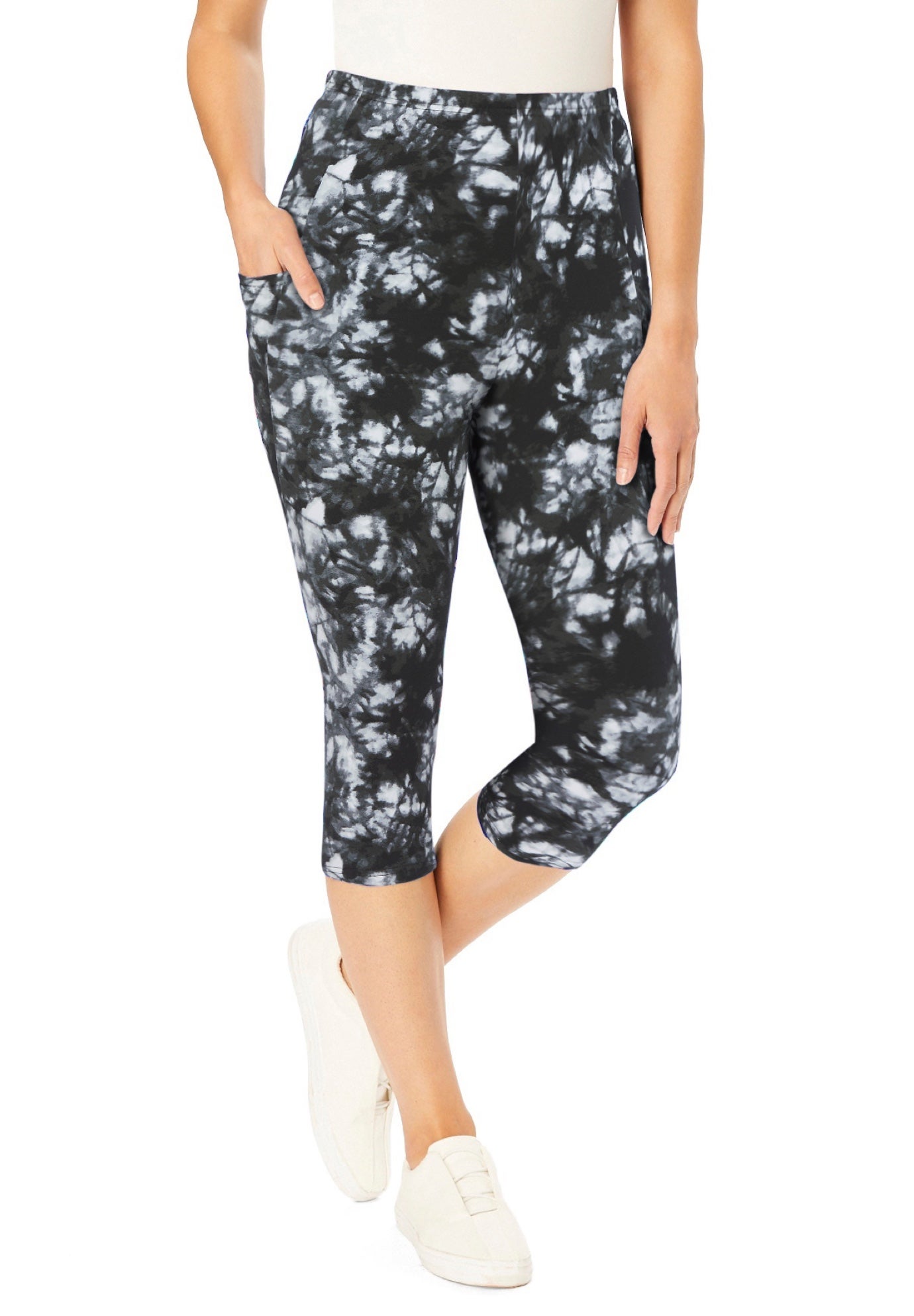 Stretch-Cotton Knit Pull-On Printed Pocket Capri Leggings image number 0