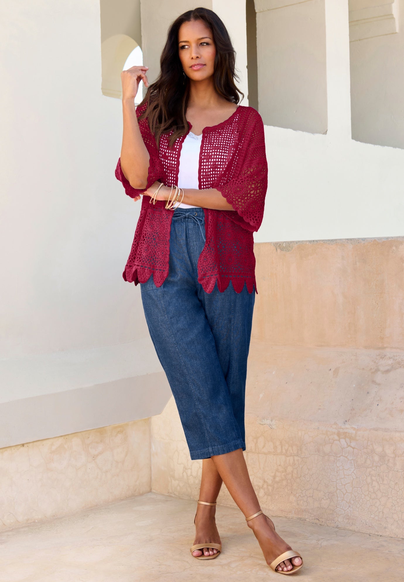 Plus Size Scallop Trim Crochet Cardigan image number 0