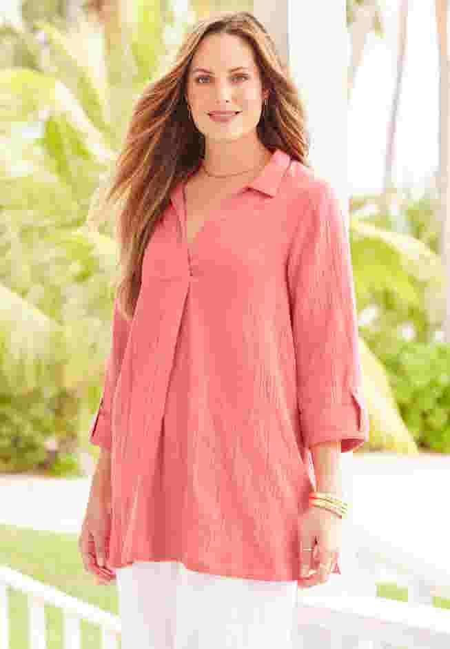 AnyWear Pucker Cotton V-Neck Placket Blouse image number 2
