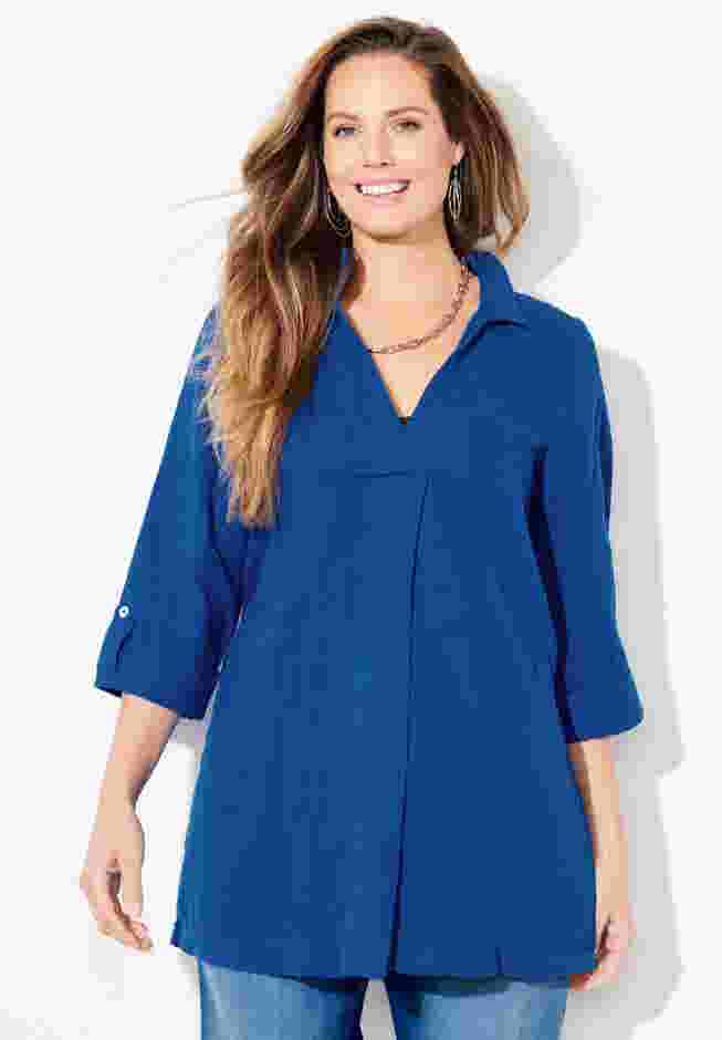 AnyWear Pucker Cotton V-Neck Placket Blouse image number 0
