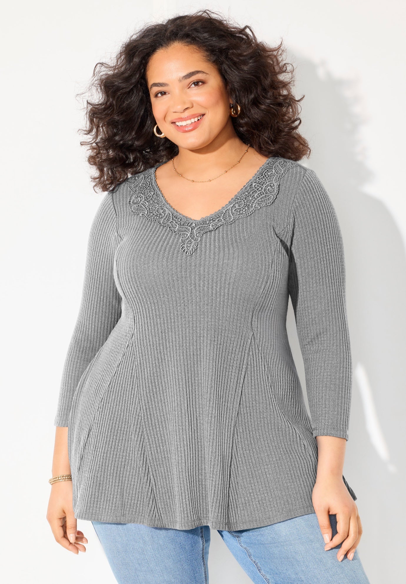 Waffle Knit Lace Trim Tunic image number 0