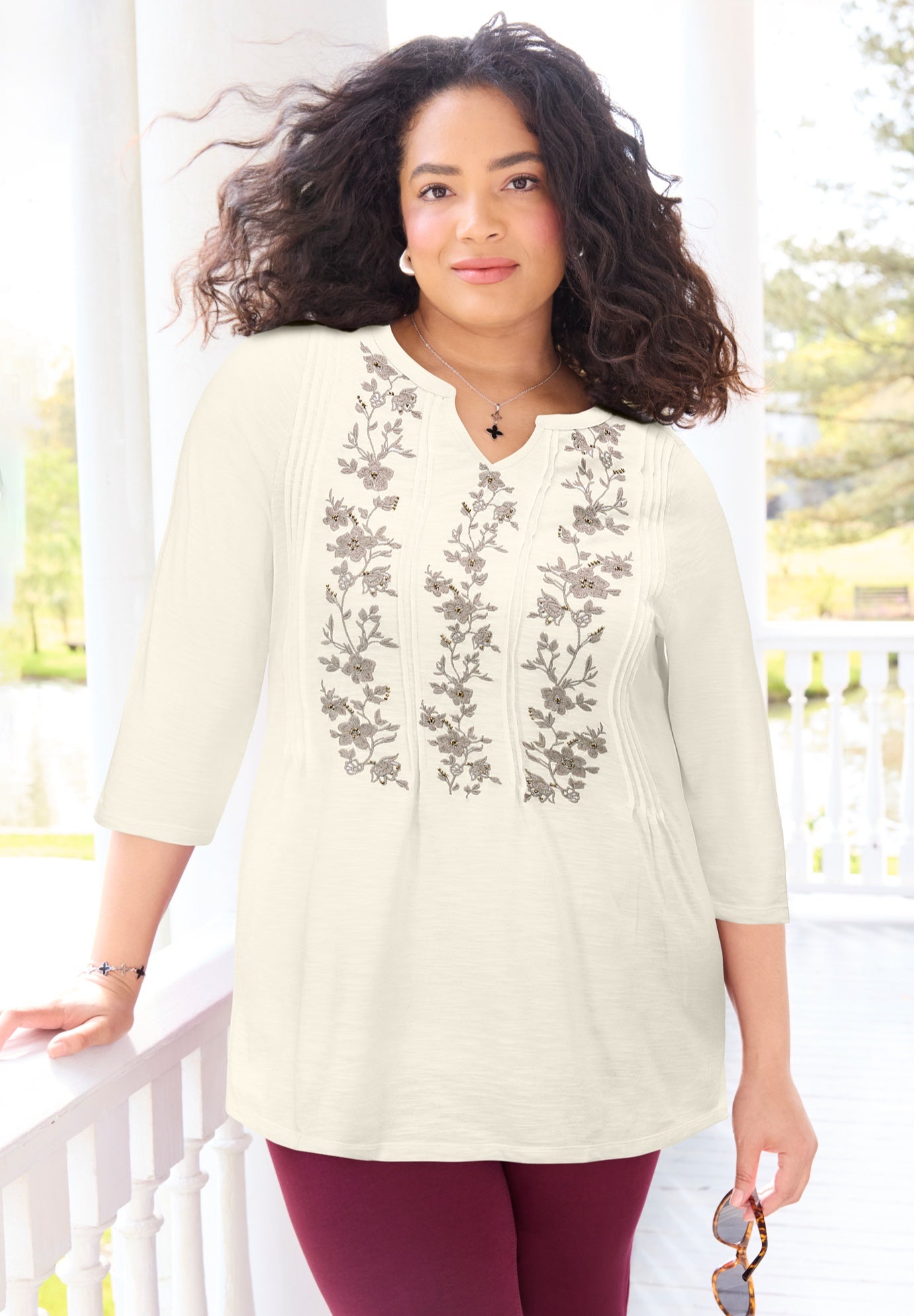 Embroidered Pintuck Tunic image number 0