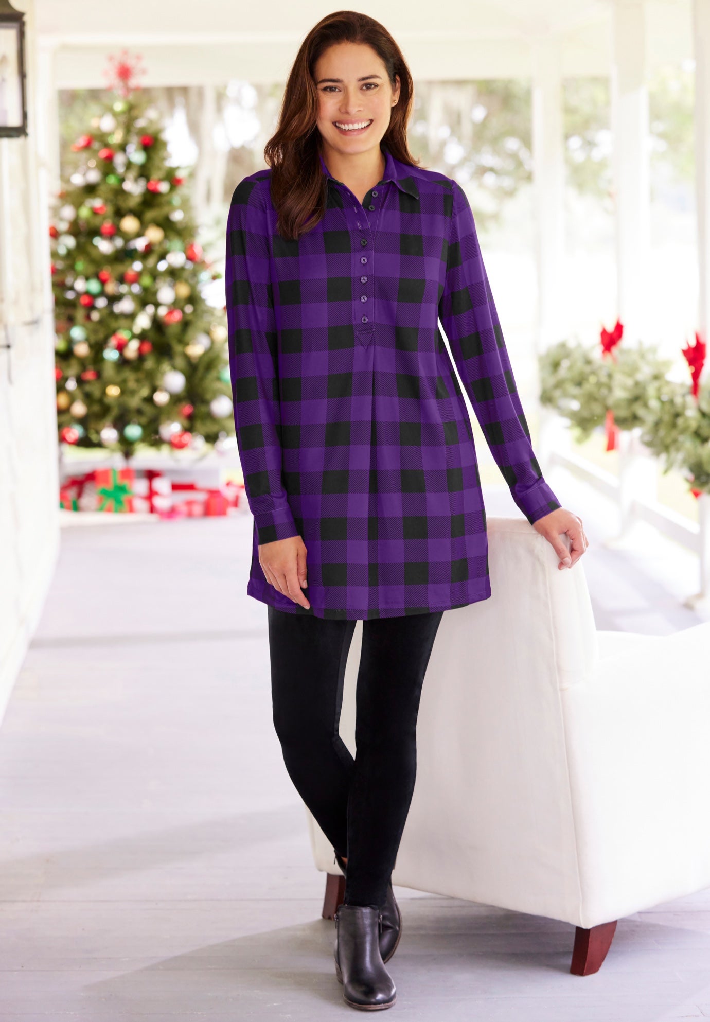 Plaid Knit Tunic With Collar image number 0