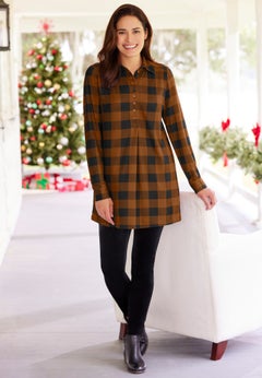 Plaid Knit Tunic With Collar