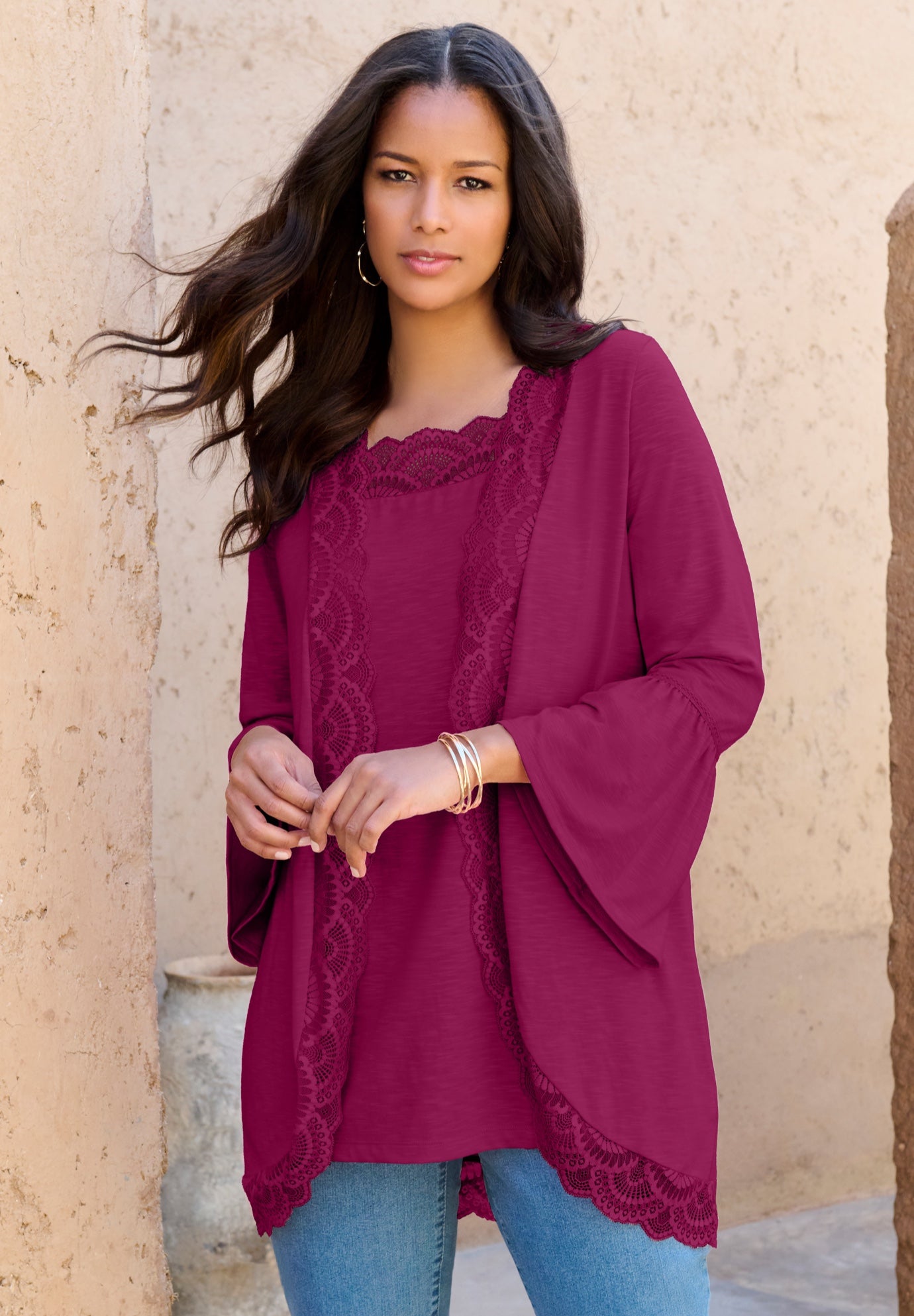 Lace-Detailed Cardigan and Tank Set image number 0