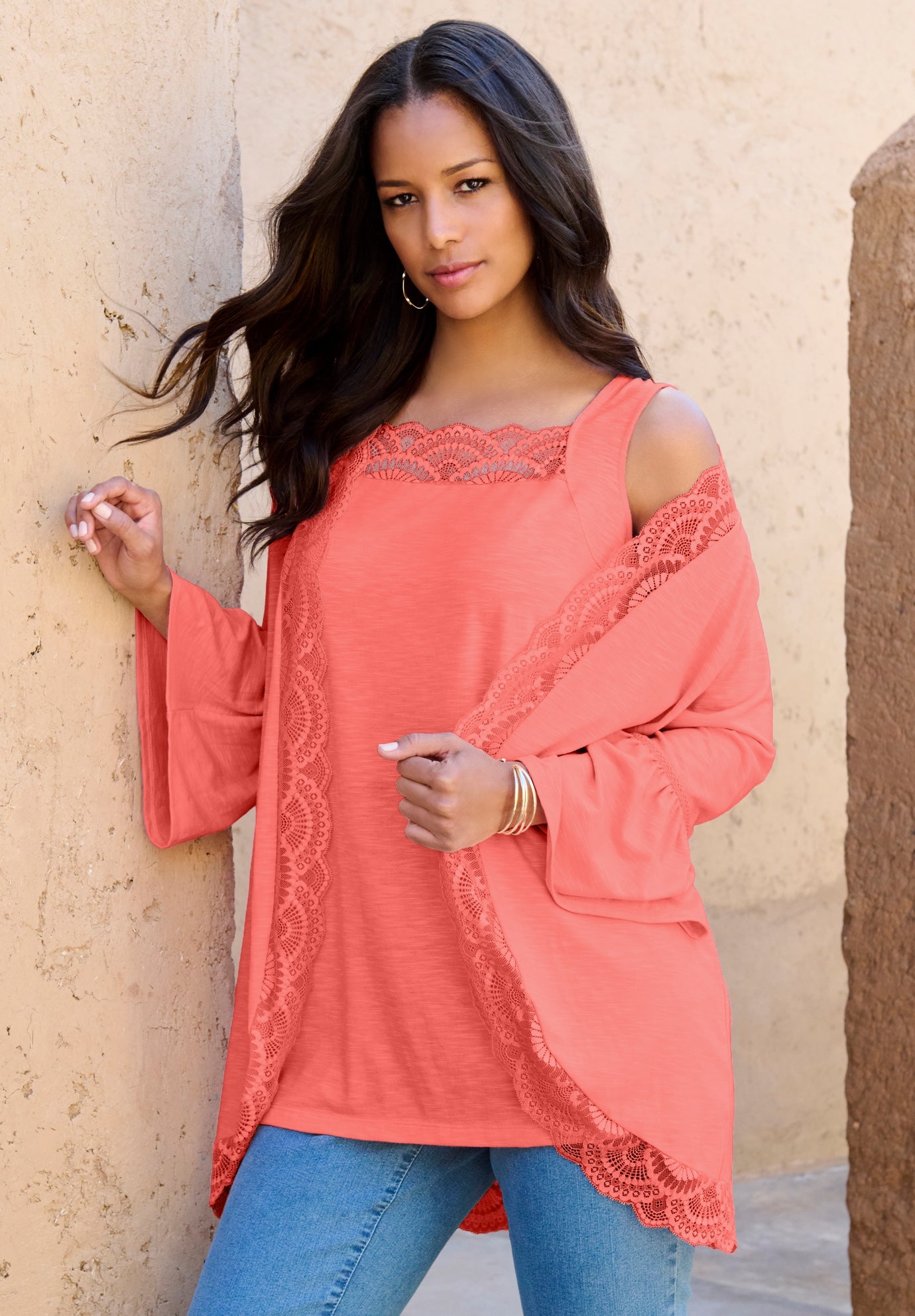 Lace-Detailed Cardigan and Tank Set image number 0
