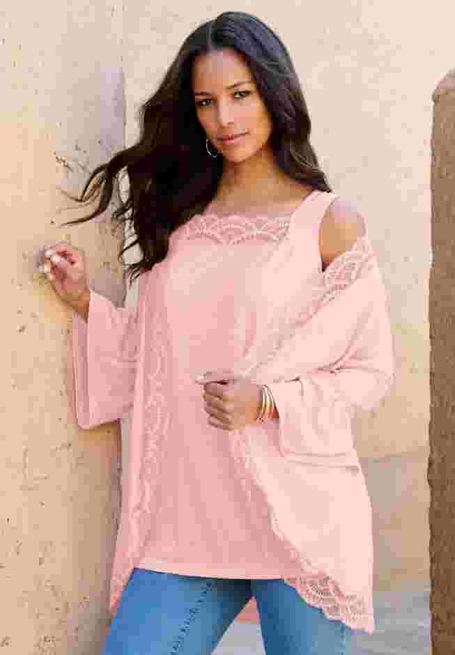 Lace-Detailed Cardigan and Tank Set image number 1