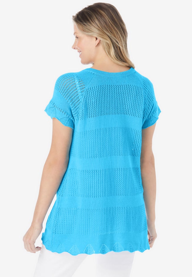 Tie-Neck Pointelle Cardigan Sweater image number 1