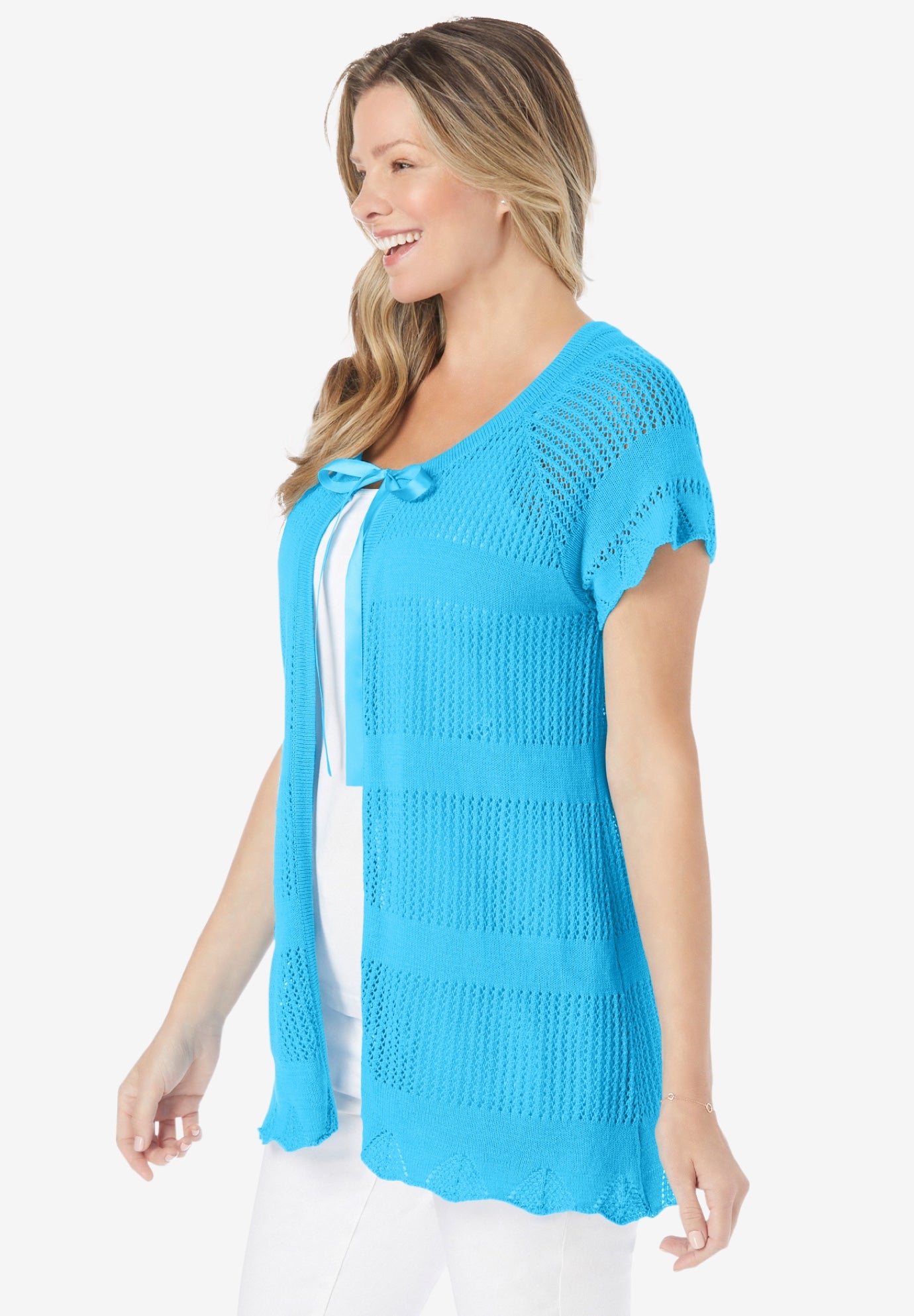 Tie-Neck Pointelle Cardigan Sweater image number 2