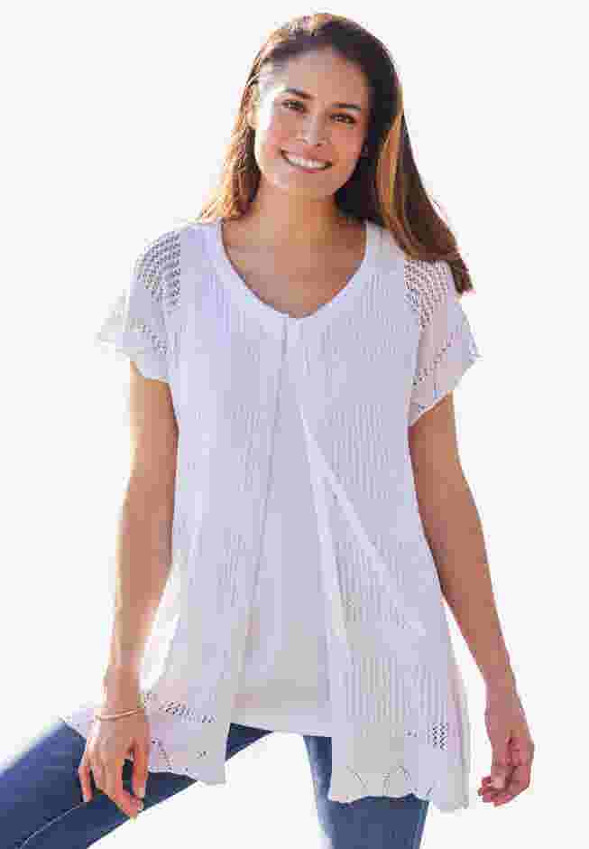 Tie-Neck Pointelle Cardigan Sweater image number 0