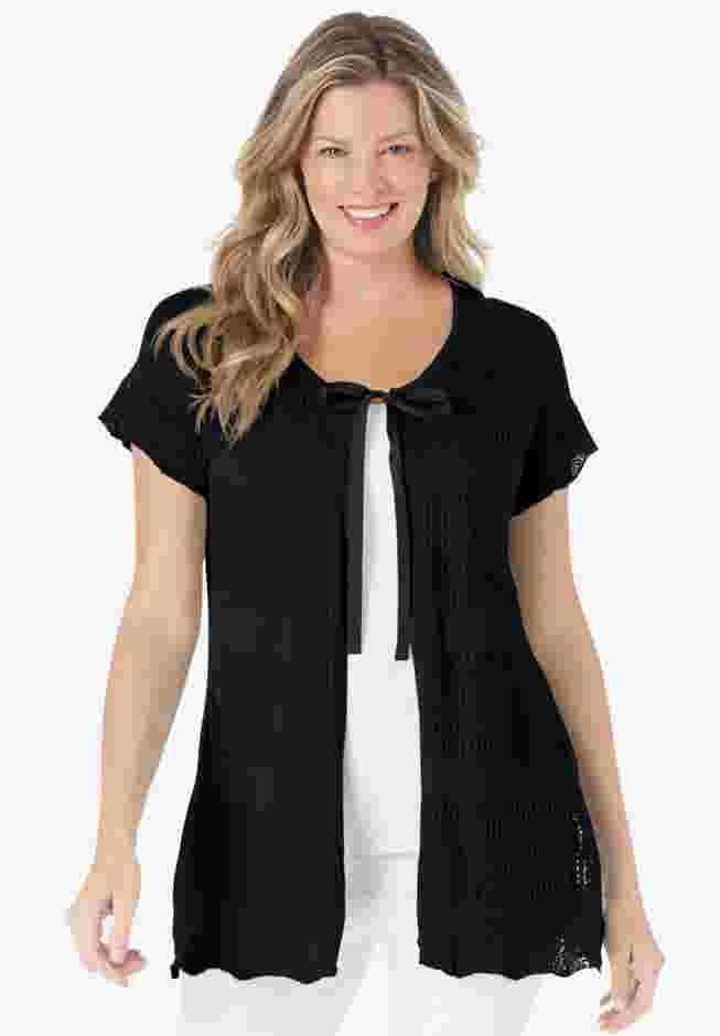 Tie-Neck Pointelle Cardigan Sweater image number 0