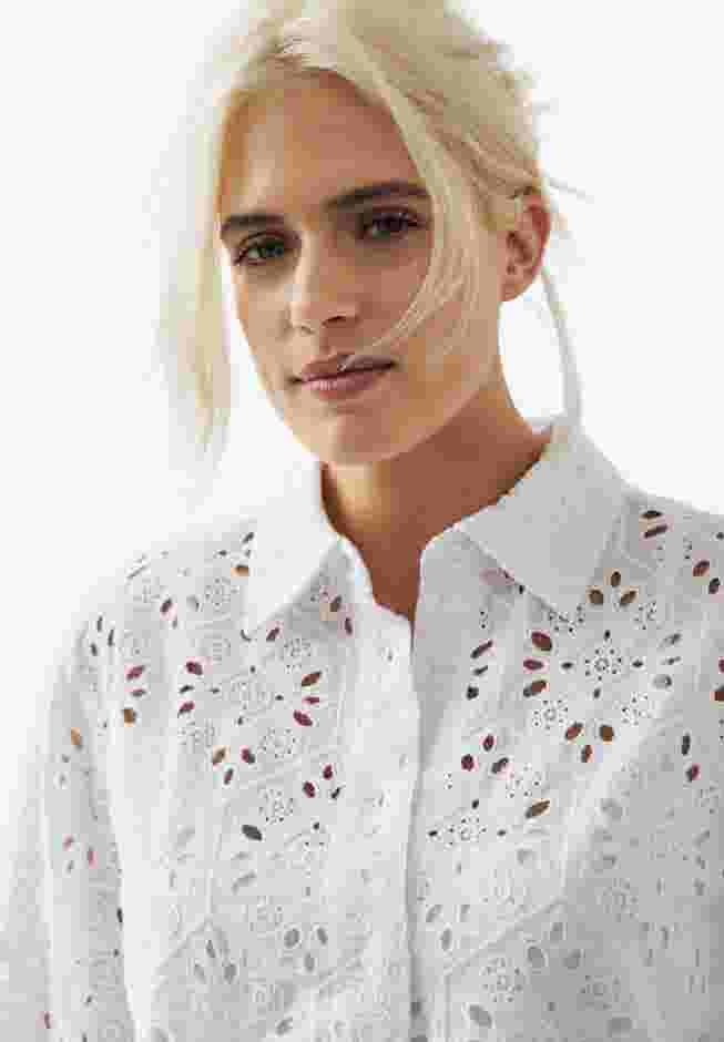 Eyelet Button Front Shirt With Blouson Sleeves image number 1