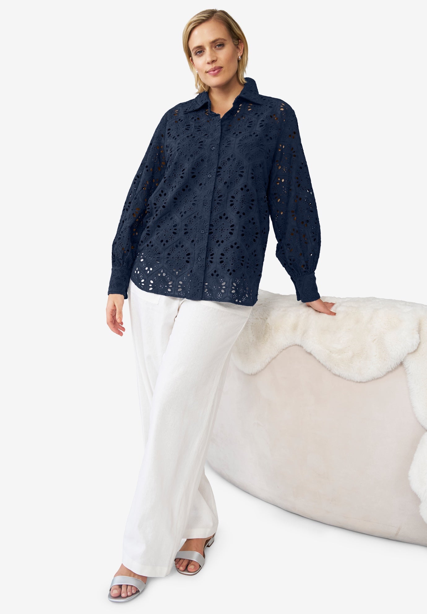 Eyelet Button Front Shirt With Blouson Sleeves image number 5