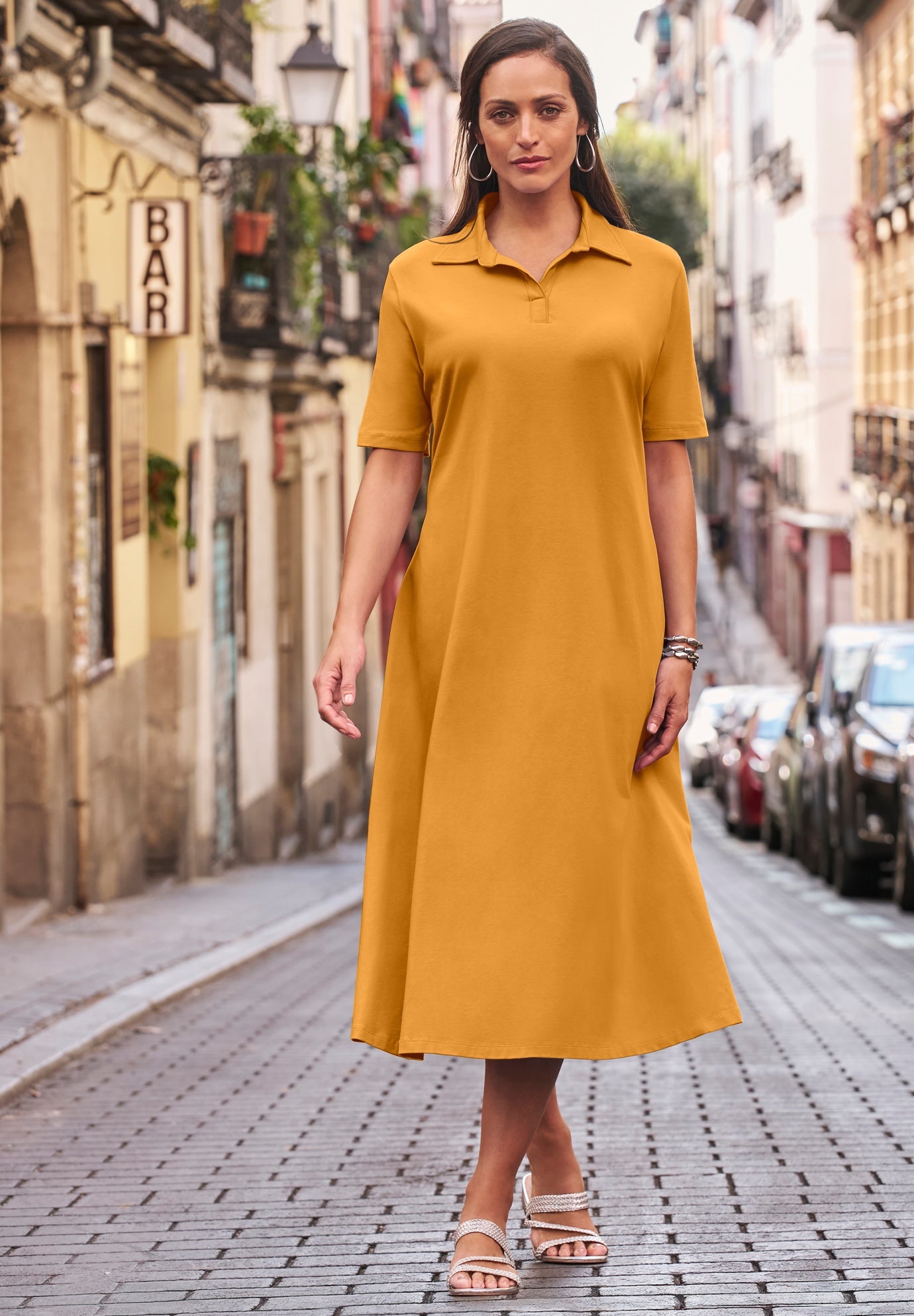 Stretch Cotton Notch Neck Midi Dress image number 0