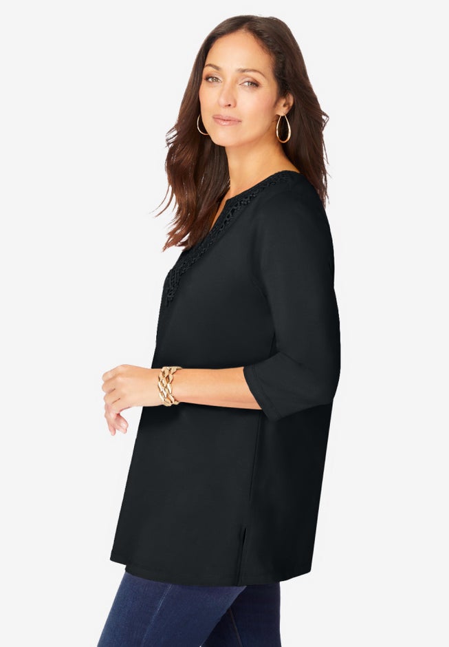 Stretch Cotton Crochet Notch Neck Tunic image number 1