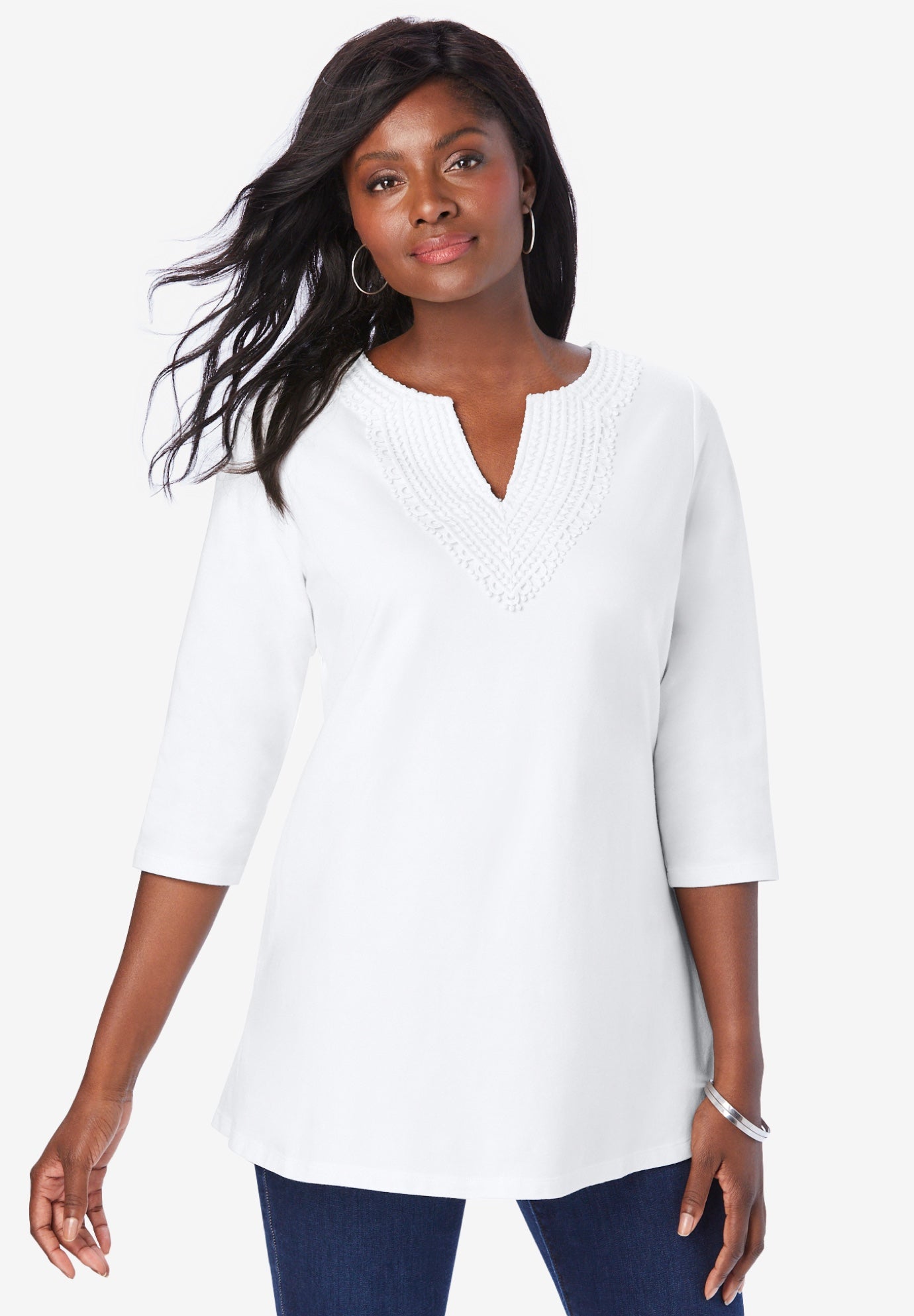 Stretch Cotton Crochet Notch Neck Tunic image number 0