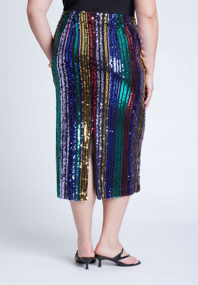 Rainbow Striped Sequin Midi Skirt image number null