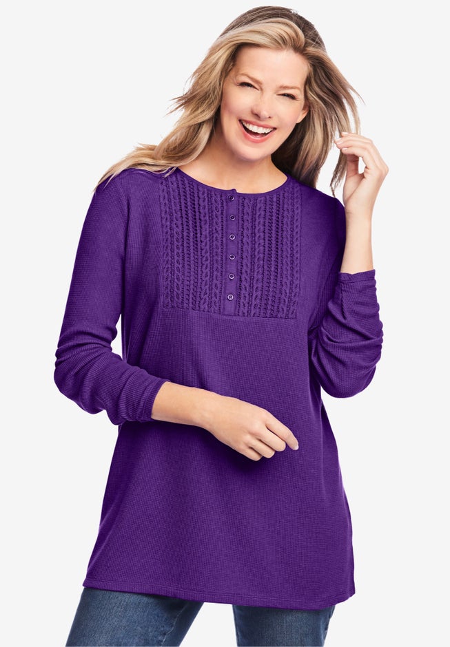 Waffle Thermal Lace Bib Henley Tee image number 1