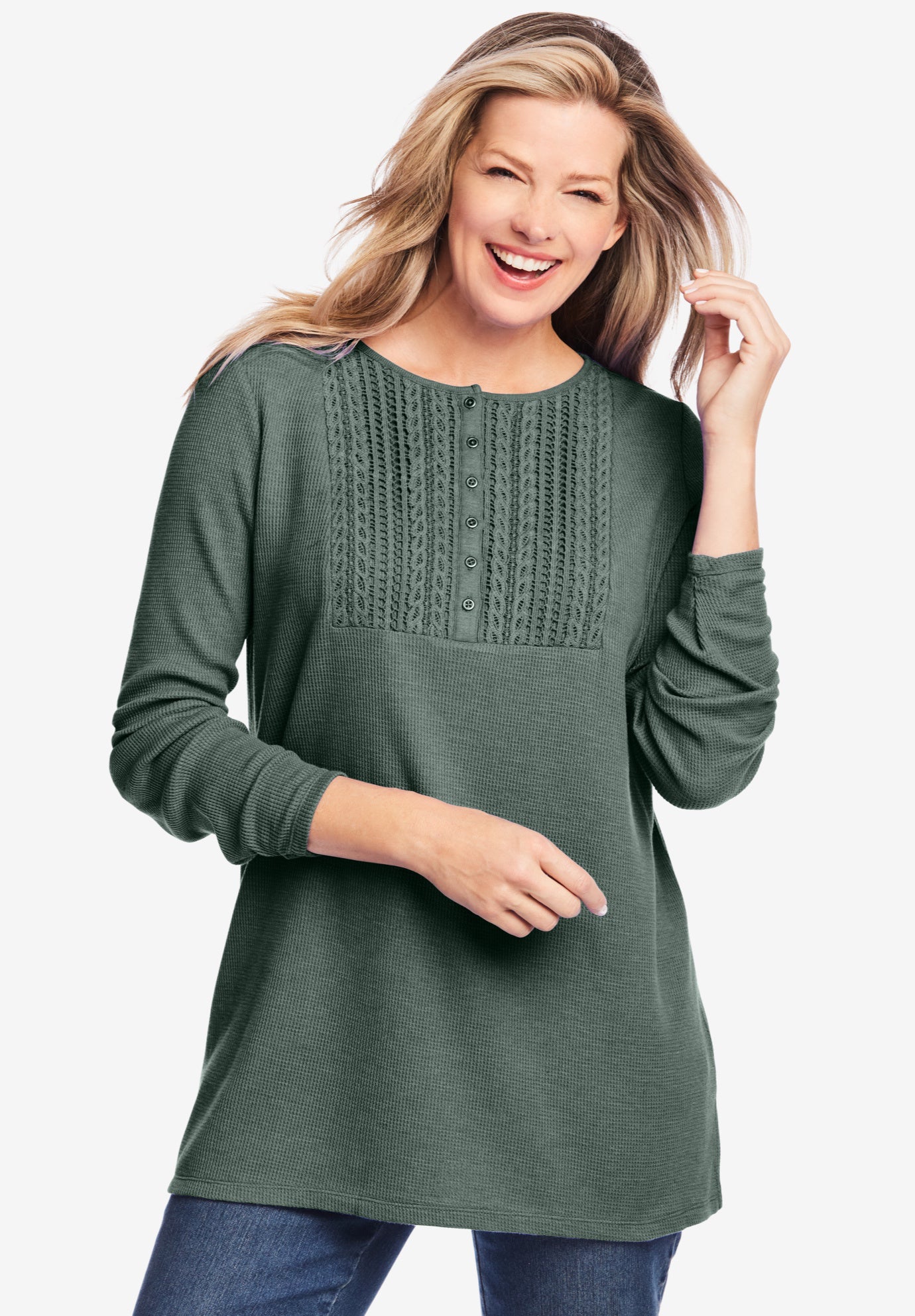 Waffle Thermal Lace Bib Henley Tee image number 0