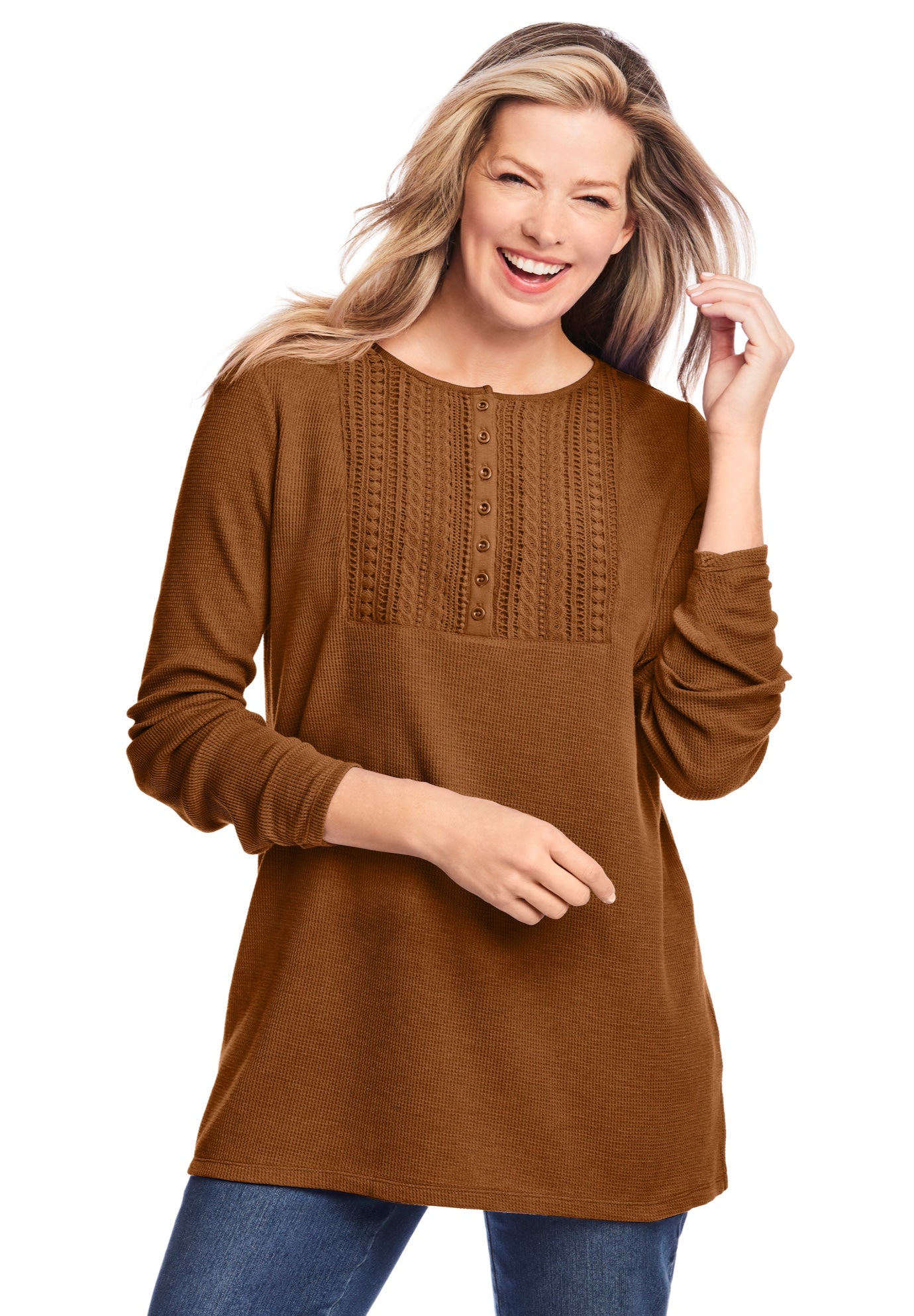 Waffle Thermal Lace Bib Henley Tee image number 0