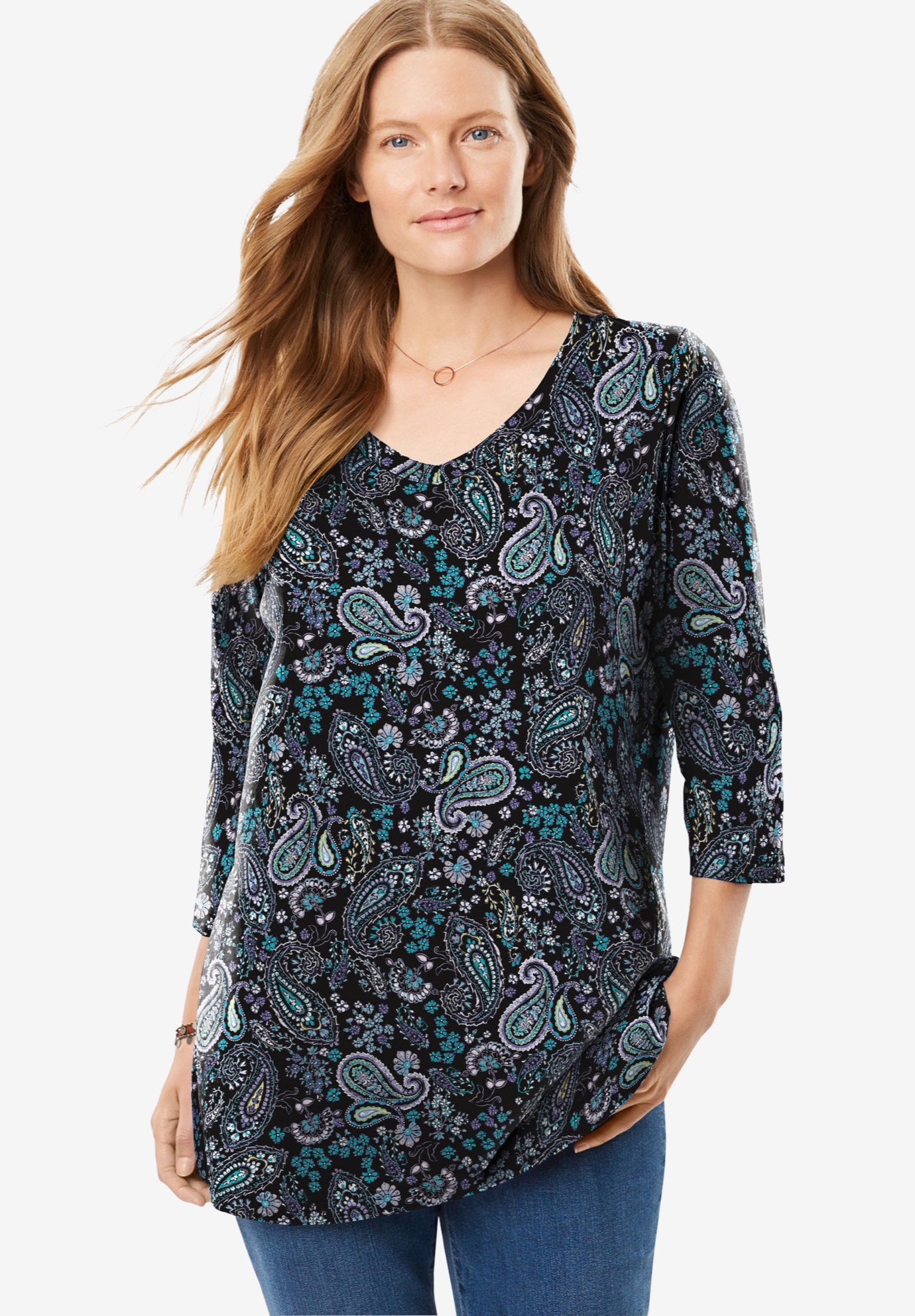 Perfect Printed Three-Quarter Sleeve V-Neck Tee image number 0