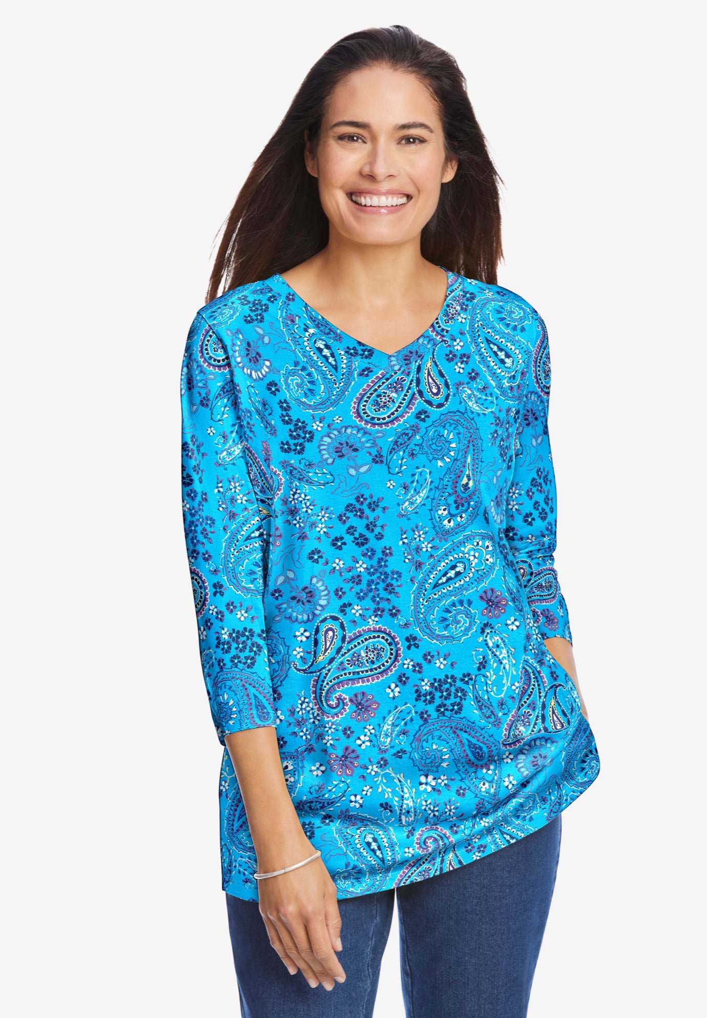 Perfect Printed Three-Quarter Sleeve V-Neck Tee image number 0