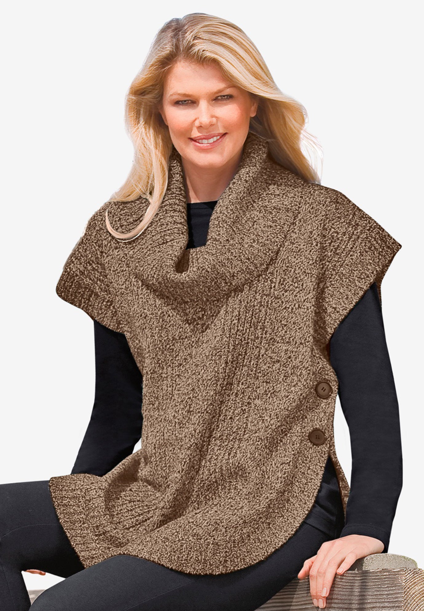 Marled Knit Cowl Neck Poncho Sweater image number 0