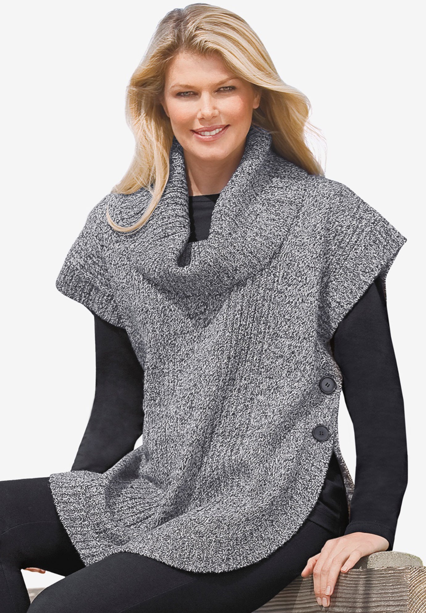 Marled Knit Cowl Neck Poncho Sweater image number 0