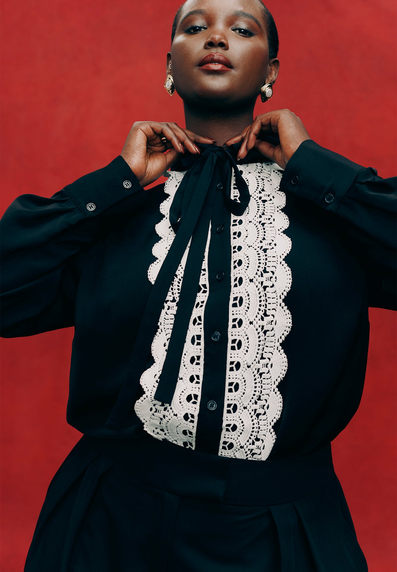 Collared Shirt With Lace-Trimmed Placket image number 0